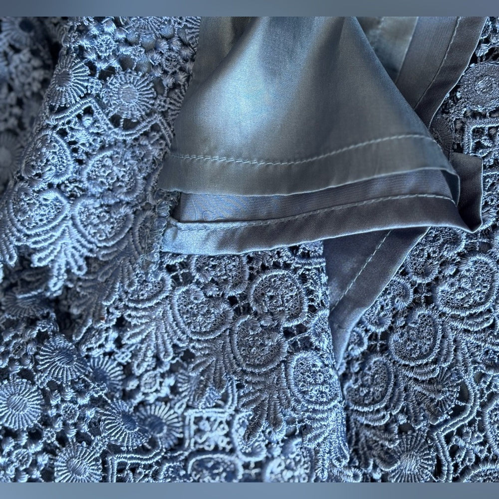 Lily & Taylor Blue Silk Wool 2pc Skirt Suit w/Floral Rosette Lace Brocade NWT 14 - Picture 7 of 16